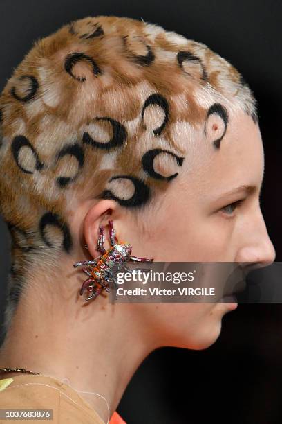 Model walks the runway at the Matty Bovan Ready to Wear Spring/Summer 2019 fashion show during London Fashion Week September 2018 on September 14,...