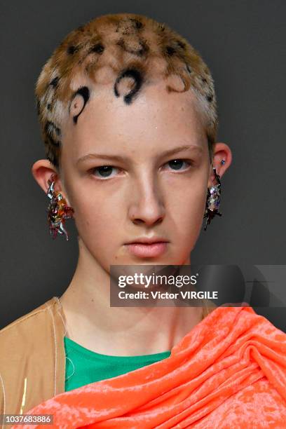 Model walks the runway at the Matty Bovan Ready to Wear Spring/Summer 2019 fashion show during London Fashion Week September 2018 on September 14,...