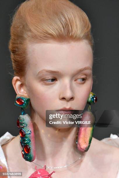 Model walks the runway at the Matty Bovan Ready to Wear Spring/Summer 2019 fashion show during London Fashion Week September 2018 on September 14,...