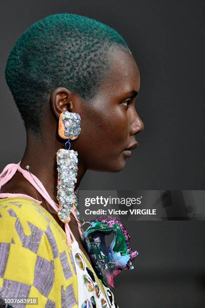 Model walks the runway at the Matty Bovan Ready to Wear Spring/Summer 2019 fashion show during London Fashion Week September 2018 on September 14,...