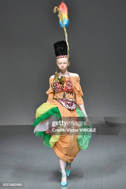 Model walks the runway at the Matty Bovan Ready to Wear Spring/Summer 2019 fashion show during London Fashion Week September 2018 on September 14,...