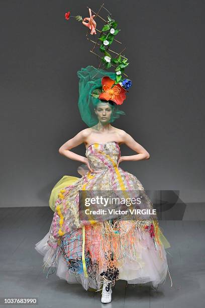 Model walks the runway at the Matty Bovan Ready to Wear Spring/Summer 2019 fashion show during London Fashion Week September 2018 on September 14,...
