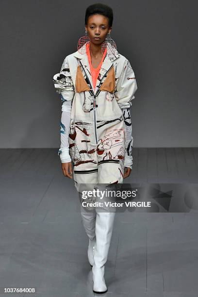 Model walks the runway at the Matty Bovan Ready to Wear Spring/Summer 2019 fashion show during London Fashion Week September 2018 on September 14,...