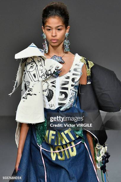 Model walks the runway at the Matty Bovan Ready to Wear Spring/Summer 2019 fashion show during London Fashion Week September 2018 on September 14,...