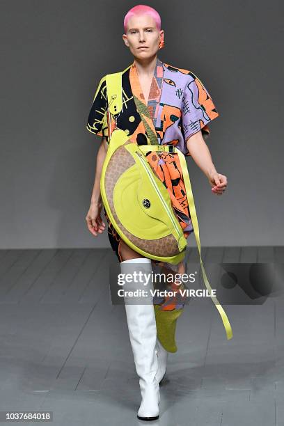 Model walks the runway at the Matty Bovan Ready to Wear Spring/Summer 2019 fashion show during London Fashion Week September 2018 on September 14,...