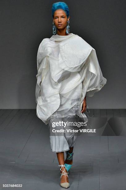 Model walks the runway at the Matty Bovan Ready to Wear Spring/Summer 2019 fashion show during London Fashion Week September 2018 on September 14,...