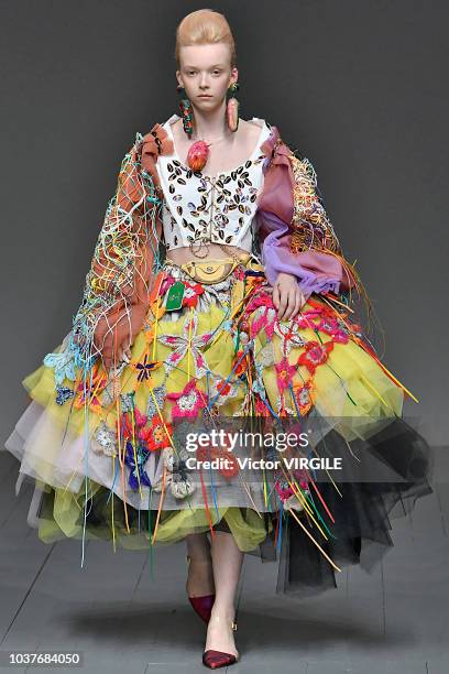 Model walks the runway at the Matty Bovan Ready to Wear Spring/Summer 2019 fashion show during London Fashion Week September 2018 on September 14,...