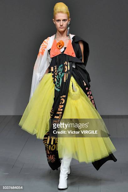 Model walks the runway at the Matty Bovan Ready to Wear Spring/Summer 2019 fashion show during London Fashion Week September 2018 on September 14,...