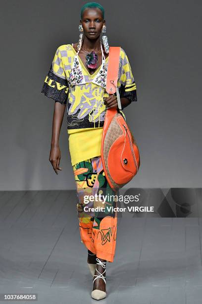 Model walks the runway at the Matty Bovan Ready to Wear Spring/Summer 2019 fashion show during London Fashion Week September 2018 on September 14,...