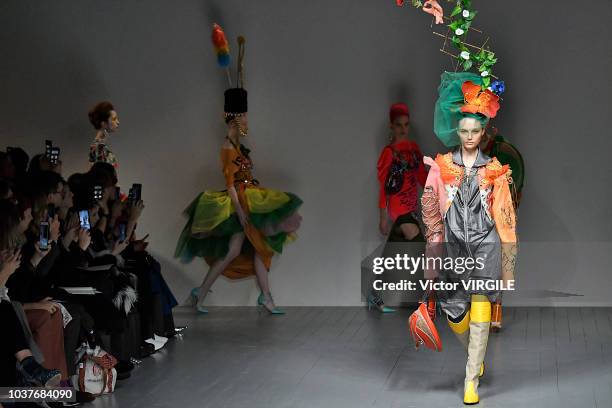 Model walks the runway at the Matty Bovan Ready to Wear Spring/Summer 2019 fashion show during London Fashion Week September 2018 on September 14,...