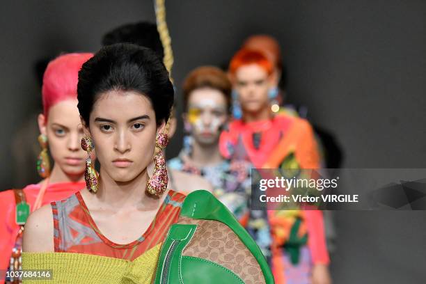 Model walks the runway at the Matty Bovan Ready to Wear Spring/Summer 2019 fashion show during London Fashion Week September 2018 on September 14,...