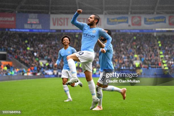 Bernardo Silva of Manchester City celebrates after scoring his team's second goal during the Premier League match between Cardiff City and Manchester...