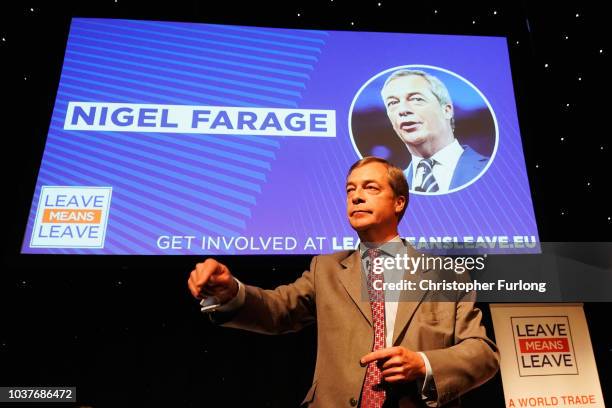 Nigel Farage, MEP and Vice Chairman of the pro-Brexit Leave Means Leave organisation, attends a Leave Means Leave rally held at the University of...