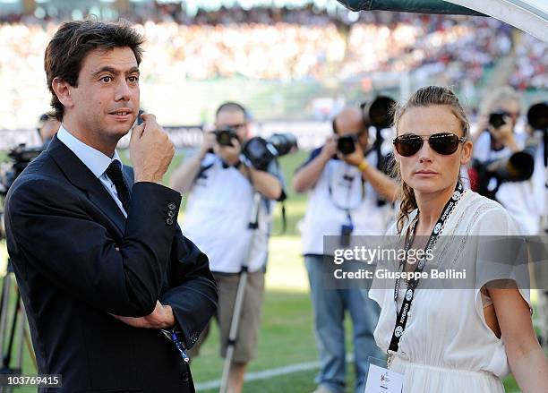 Andrea Agnelli president of Juventus with his wife Emma Winter before the Serie A match between Bari and Juventus at Stadio San Nicola on August 29,...