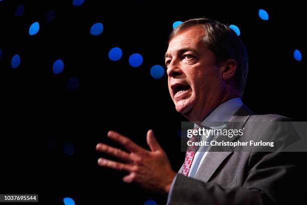 Nigel Farage, MEP and Vice Chairman of the pro-Brexit Leave Means Leave organisation, gives a speech while attending a Leave Means Leave rally held...