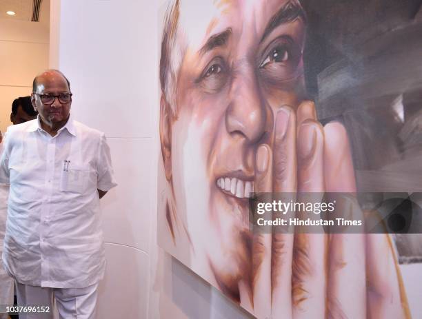 Chief Sharad Pawar visits "Satam Jivam Sharad art exhibition held by Artist Bharat Singh at Nehru Centre, on September 21, 2018 in Mumbai, India.