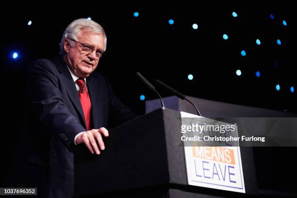 Conservative MP David Davis, the former Secretary of State for Exiting the European Union, gives a speech while attending a Leave Means Leave rally...