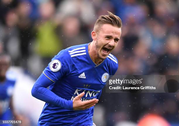 James Maddison of Leicester City celebrates after scoring his team's second goal during the Premier League match between Leicester City and...