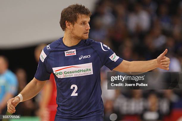 Michael Kraus of Hamburg gestures during the Toyota Handball Bundesliga match between HSV Hamburg and HSG Ahlen-Hamm at the o2 World Arena on...