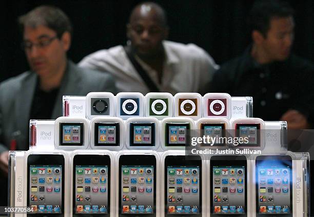 New iPods are displayed at an Apple Special Event at the Yerba Buena Center for the Arts September 1, 2010 in San Francisco, California. Apple CEO...