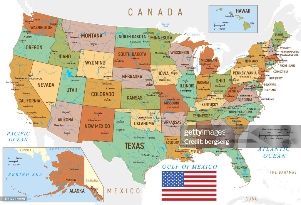 Map of USA with national borders and rivers