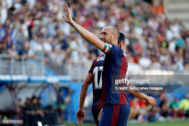 Kike of SD Eibar celebrates 1-0 with Ivan Ramis of SD Eibar during the La Liga Santander match between Eibar v Leganes at the Estadio Municipal de...