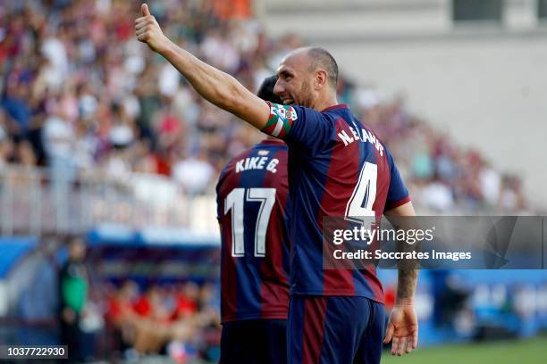 Kike of SD Eibar celebrates 1-0 with Ivan Ramis of SD Eibar during the La Liga Santander match between Eibar v Leganes at the Estadio Municipal de...