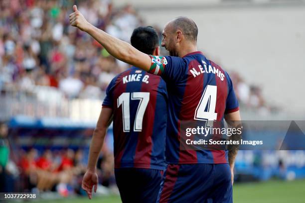 Kike of SD Eibar celebrates 1-0 with Ivan Ramis of SD Eibar during the La Liga Santander match between Eibar v Leganes at the Estadio Municipal de...