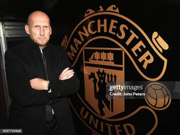 Former player Jaap Stam of Manchester United poses after the Premier League match between Manchester United and Wolverhampton Wanderers at Old...