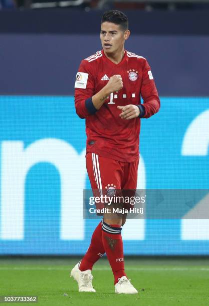 James Rodriguez of Bayern Munich celebrates after scoring his team's first goal during the Bundesliga match between FC Schalke 04 and FC Bayern...