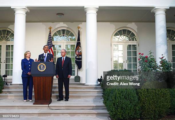 President Barack Obama makes a statement in the Rose Garden as Secretary of State Hillary Rodham Clinton and Special Envoy for the Middle East George...