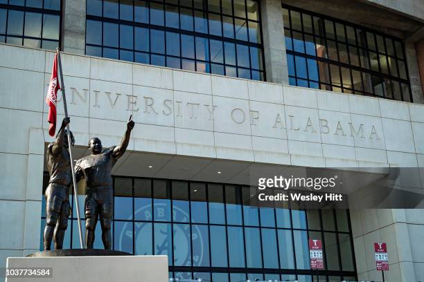Statue outside of Bryant-Denny Stadium on the campus of the University of Alabama before a game between the Alabama Crimson Tide and the Texas A&M...