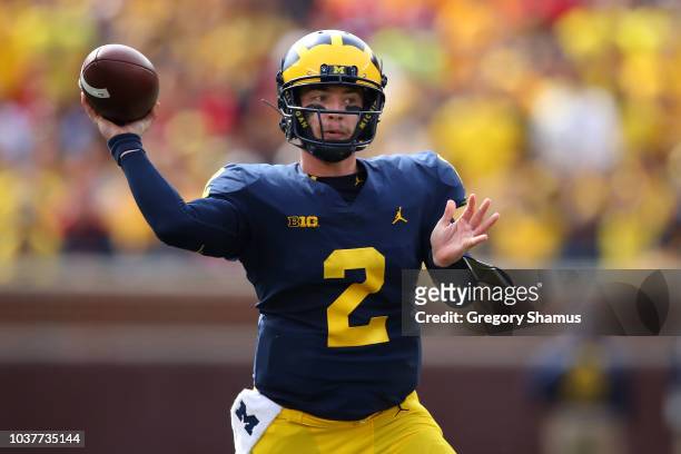 Shea Patterson of the Michigan Wolverines throws a second half pass while playing the Nebraska Cornhuskers on September 22, 2018 at Michigan Stadium...