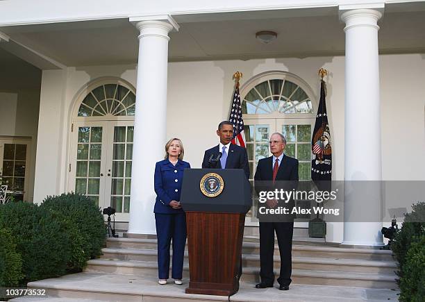 President Barack Obama makes a statement in the Rose Garden as Secretary of State Hillary Rodham Clinton and Special Envoy for the Middle East George...