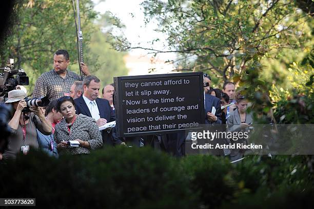 Teleprompter displays the speech of U.S. President Barack Obama to the press on the Mideast peace talks in the Rose Garden at the White House...