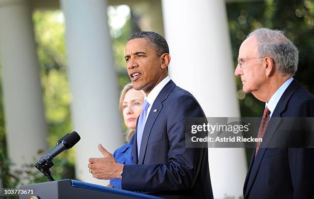 President Barack Obama delivers remarks to the press on the Mideast peace talks as Secretary of State Hillary Clinton and George Mitchell, Special...