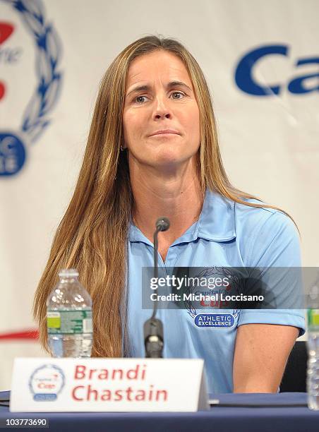 Former professional soccer player Brandi Chastain addresses the press during the Capital One Division 1 College Sports Award launch at The Times...