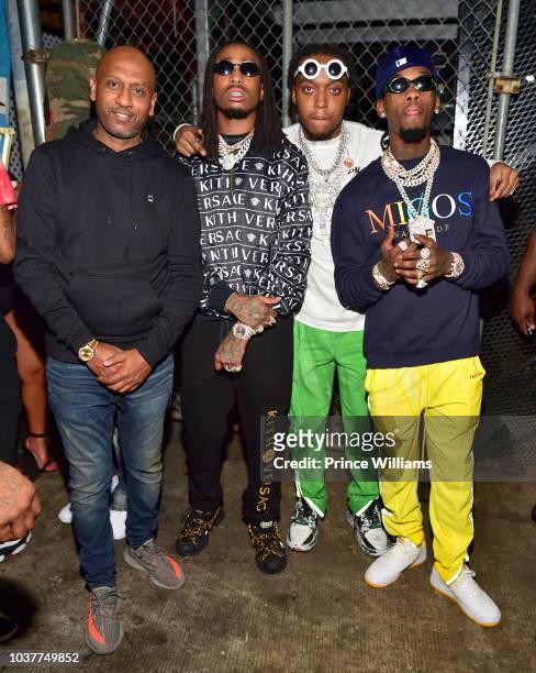Alex Gidewon, Quavo, Takeoff and Offset of the group Migos attend Aubrey & The Three Migos tour after party at Rosebar Lounge on September 13, 2018...