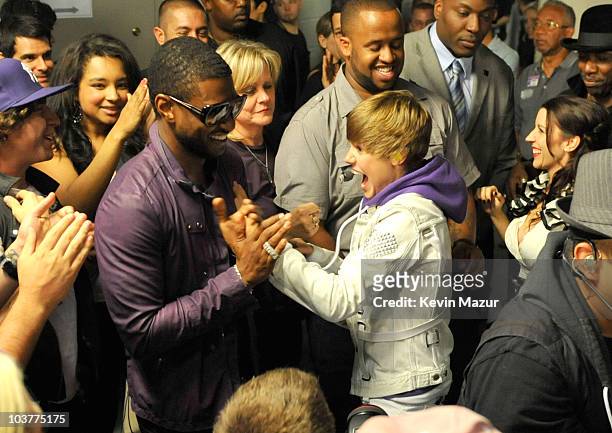 **Exclusive** Usher and Justin Bieber backstage before Justin Bieber performs at Madison Square Garden on August 31, 2010 in New York City.