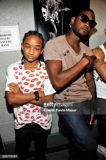 **Exclusive** Jaden Smith and Usher backstage before Justin Bieber performs at Madison Square Garden on August 31, 2010 in New York City.