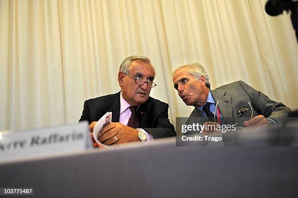 Former French Premier Jean-Pierre Raffarin and President of Louis Dreyfus Armateurs, Philippe Louis-Dreyfus attend the Mouvement des Entreprises de...