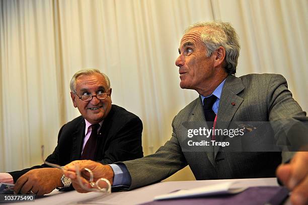 Former French Premier Jean-Pierre Raffarin and President of Louis Dreyfus Armateurs, Philippe Louis-Dreyfus attend the Mouvement des Entreprises de...