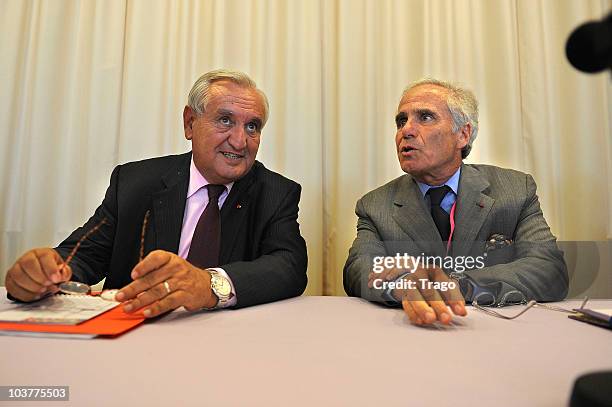 Former French Premier Jean-Pierre Raffarin and President of Louis Dreyfus Armateurs, Philippe Louis-Dreyfus attend the Mouvement des Entreprises de...