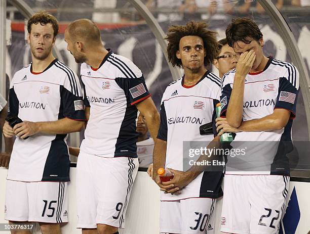 Roberto Linck, Kevin Alston,Ilija Stolica and Zack Schilawski of the New England Revolution react to the loss of the SuperLiga 2010 championship game...