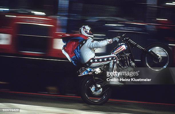 Daredevil Evel Knievel in action. San Francisco, CA 1/1/1974-- CREDIT: Heinz Kluetmeier