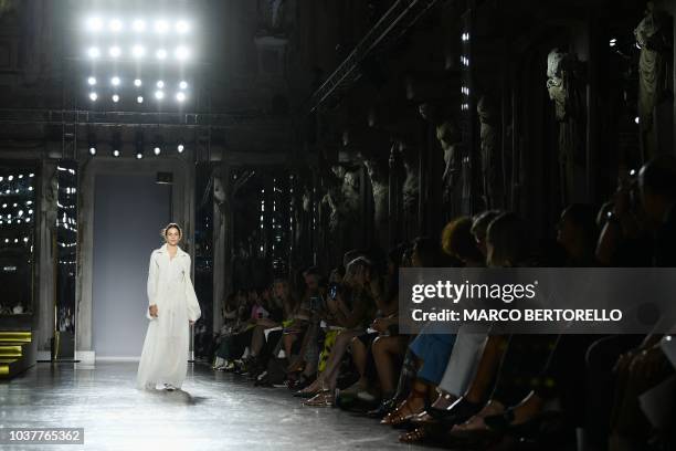 Model presents a creation during the presentation of the "Les Copains" fashion show, as part of the Women's Spring/Summer 2019 fashion week in Milan,...