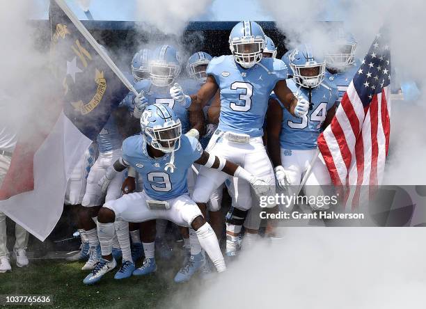 The North Carolina Tar Heels wait to take the field against the Pittsburgh Panthers during their game at Kenan Stadium on September 22, 2018 in...