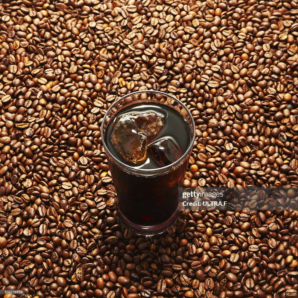 Coffee beans and iced coffee