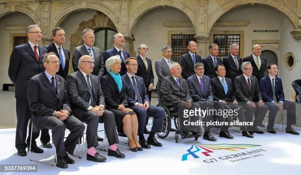 Group photo at the G7 meeting of Finance Ministers in the Royal Palace in Dresden, Germany, 28 May 2015. Italian Minister, Pier Carlo Padoan , French...