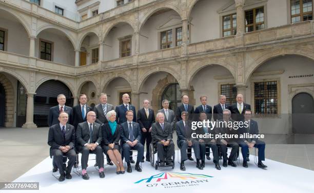 Group photo at the G7 meeting of Finance Ministers in the Royal Palace in Dresden, Germany, 28 May 2015. Italian Minister, Pier Carlo Padoan , French...